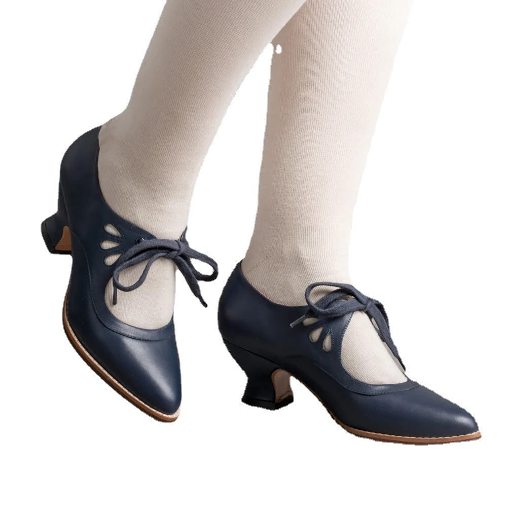 Women's Vintage Leather Heels | Low Block Heel Lace-Up