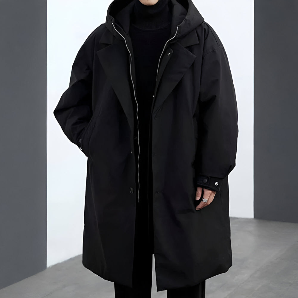 Men's Long Waterproof Puffer Trench Coat Hooded