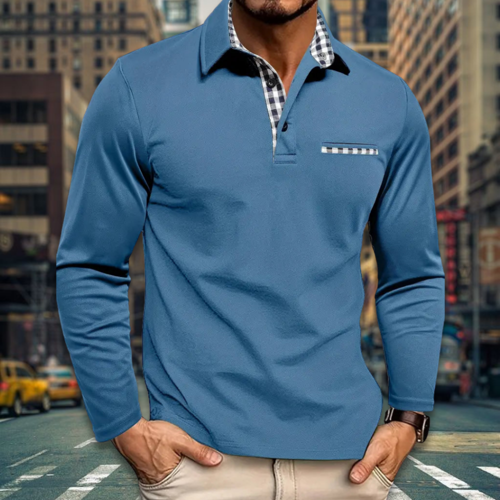 Men’s Casual Stylish Long Sleeve Polo Shirt Contrast Collar