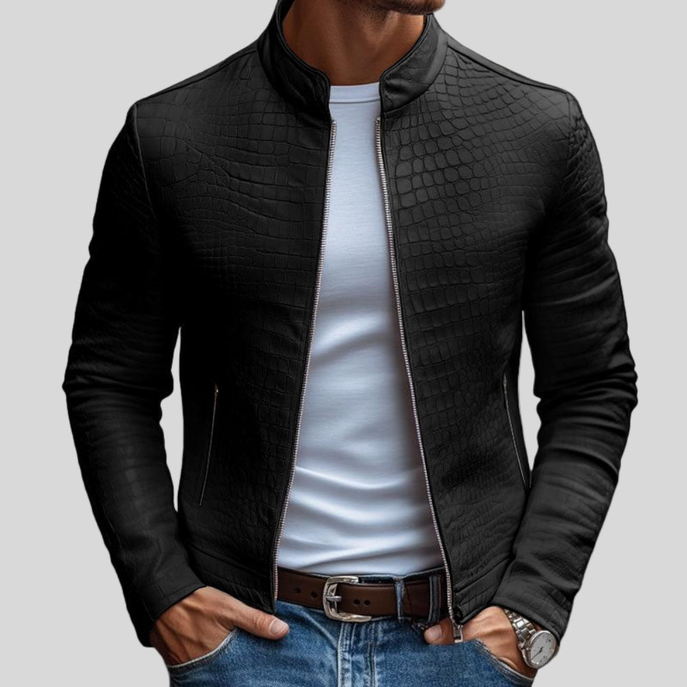 Men's Jacket Slim Fit Premium Leather Stone Pattern Zipper Closure 8