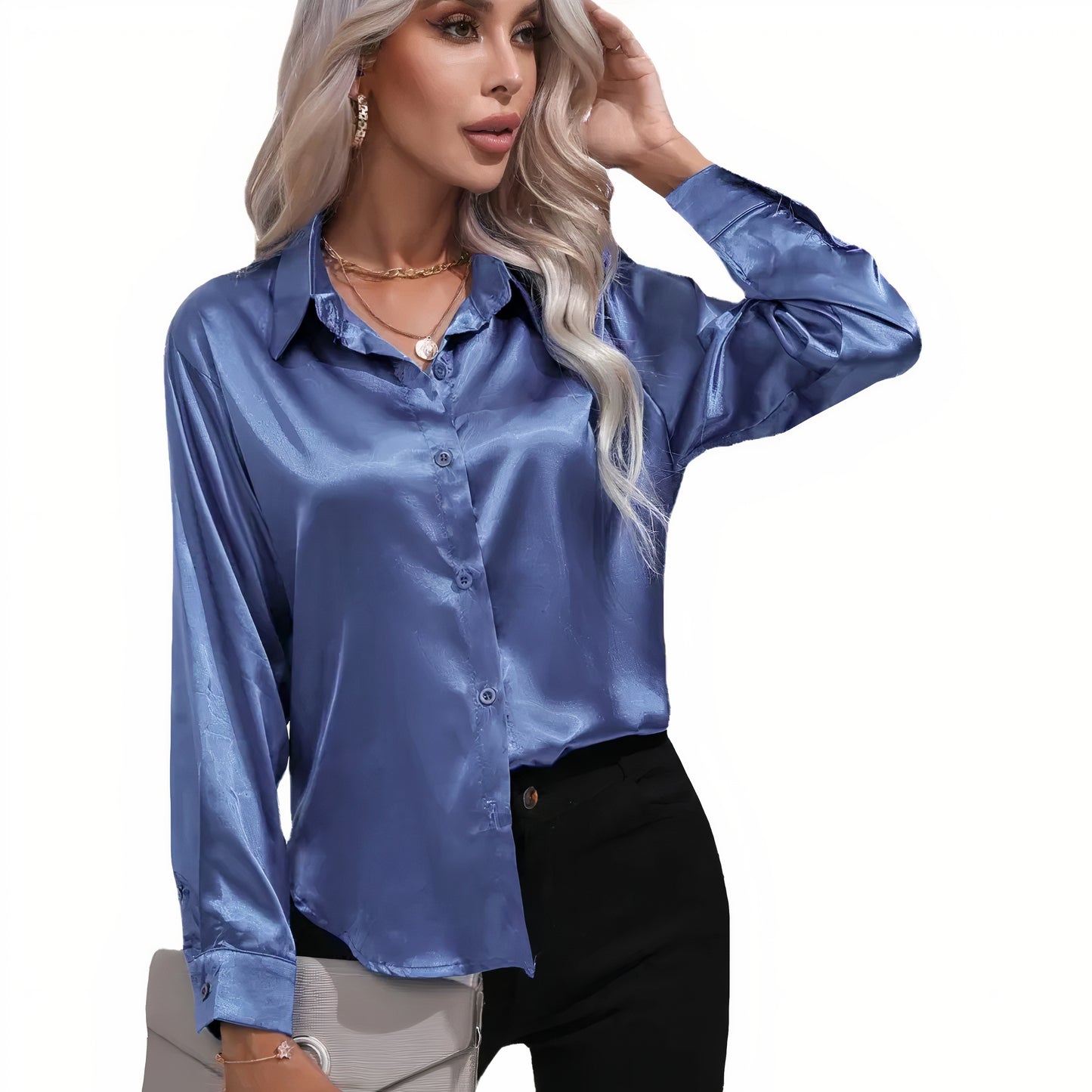 Women's Satin Button-Up Blouse | Long Sleeve Casual Fit