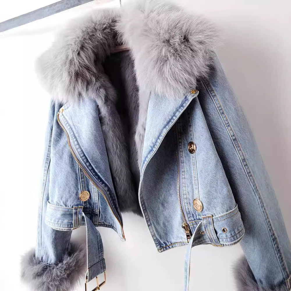 Margaux Luxe Lined Fox Fur Denim Coat - Image 6