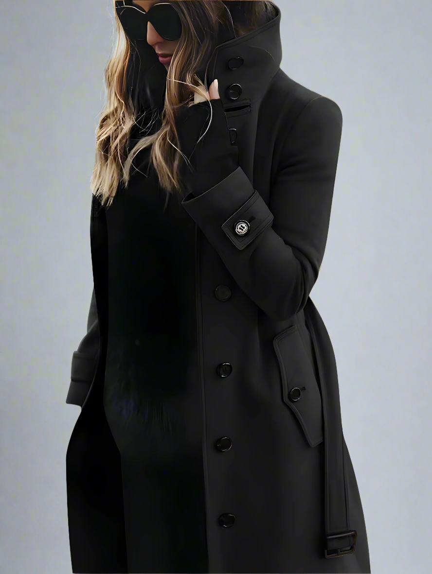 Women’s Long Trench Coat | Double-Breasted Belted High Collar