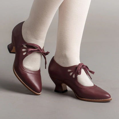 Women's Vintage Leather Heels | Low Block Heel Lace-Up