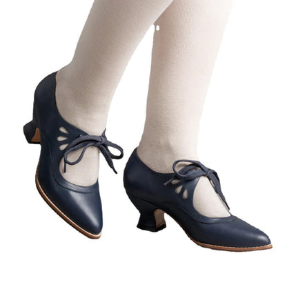 Women's Vintage Leather Heels | Low Block Heel Lace-Up