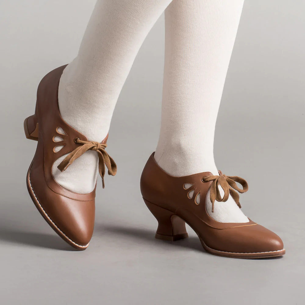Women's Vintage Leather Heels | Low Block Heel Lace-Up