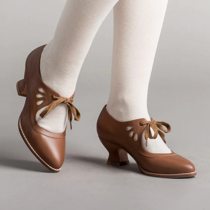 Women's Vintage Leather Heels | Low Block Heel Lace-Up