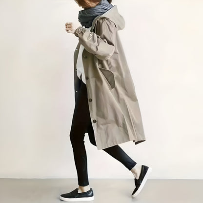 Women's Casual Long Trench Coat | Relaxed Button-Up Hooded