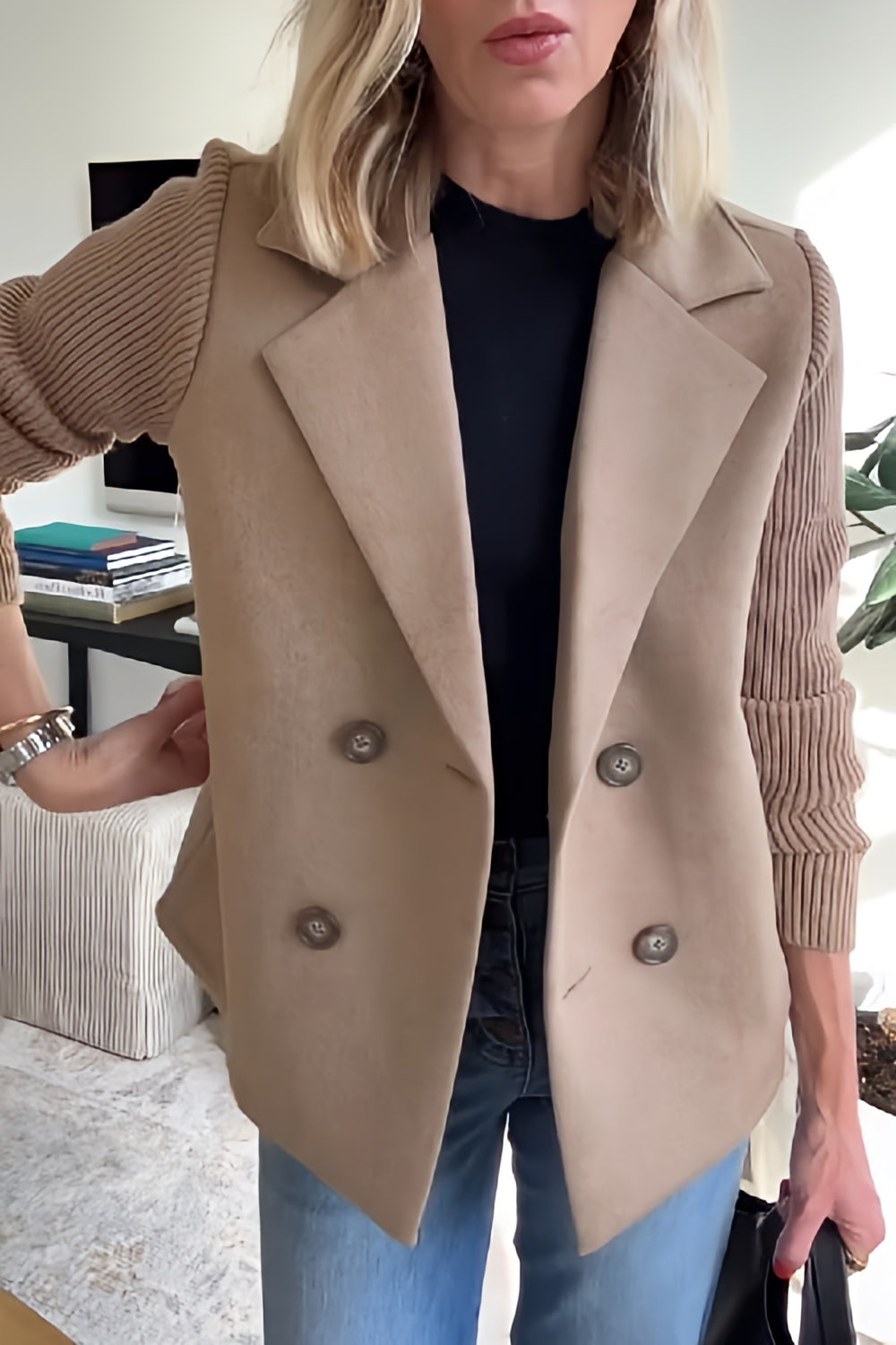 Women Lightweight Spring Coat | Long Knit Sleeve Blazer