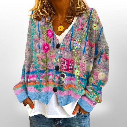 Women Oversized Knitted Cardigan | Cropped Floral Knit