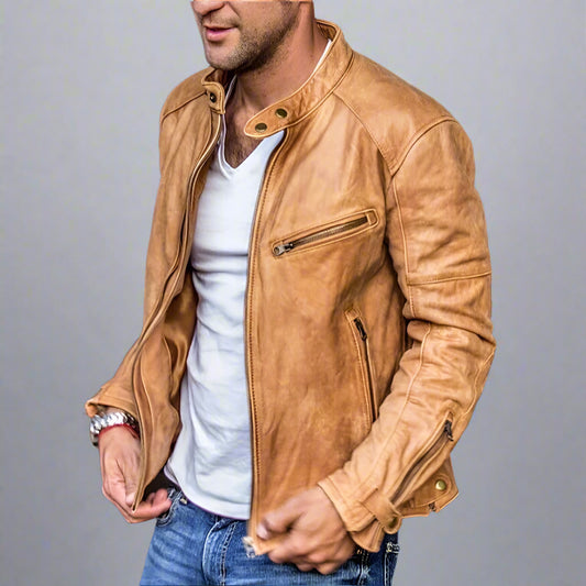 Men's Designer Leather Biker Jacket | Zip Details Slim Fit