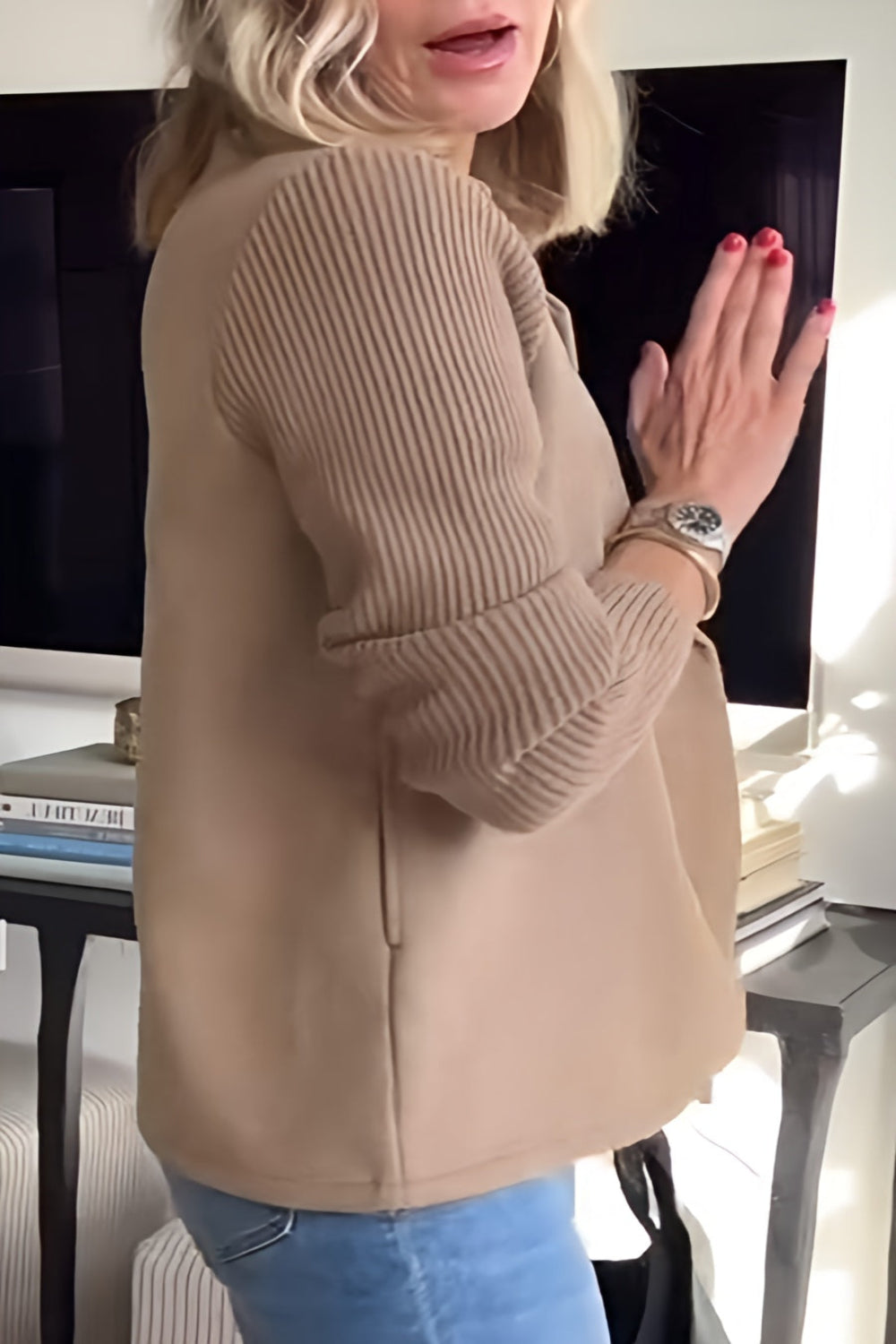 Women Lightweight Spring Coat | Long Knit Sleeve Blazer