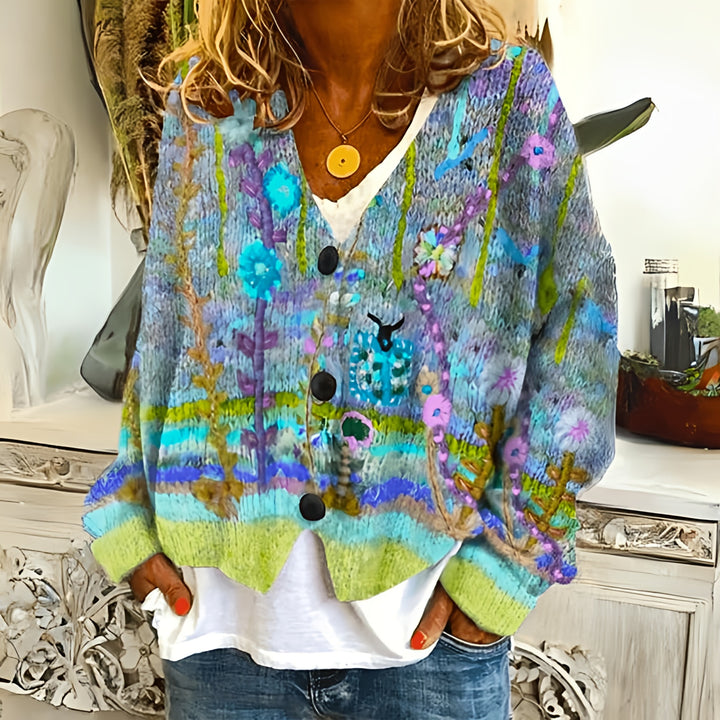 Women Oversized Knitted Cardigan | Cropped Floral Knit
