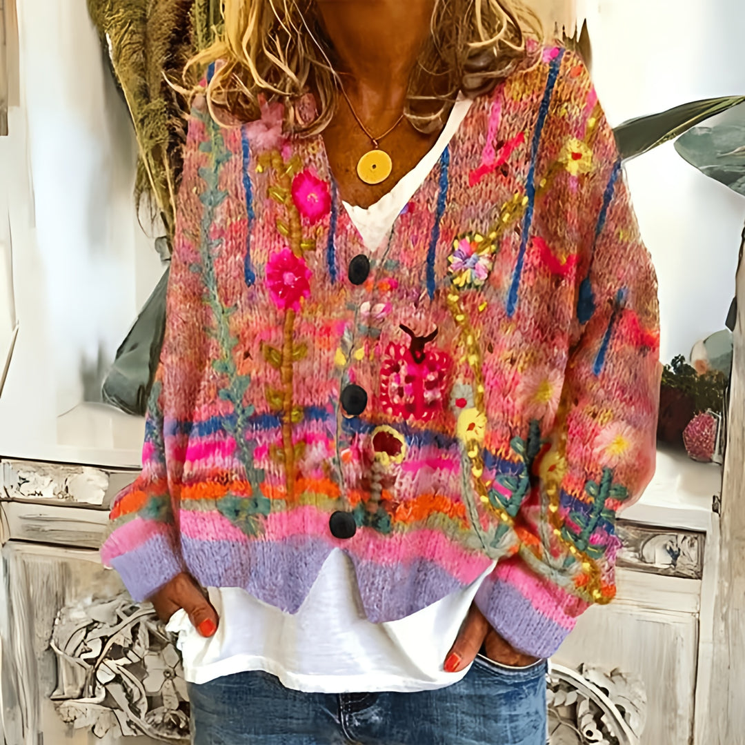 Women Oversized Knitted Cardigan | Cropped Floral Knit