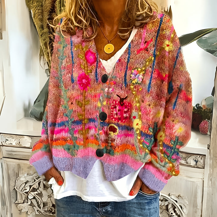 Women Oversized Knitted Cardigan | Cropped Floral Knit