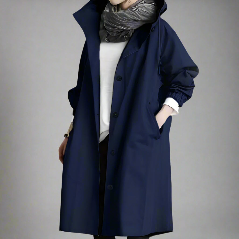 Women's Casual Long Trench Coat | Relaxed Button-Up Hooded