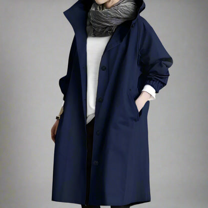 Women's Casual Long Trench Coat | Relaxed Button-Up Hooded