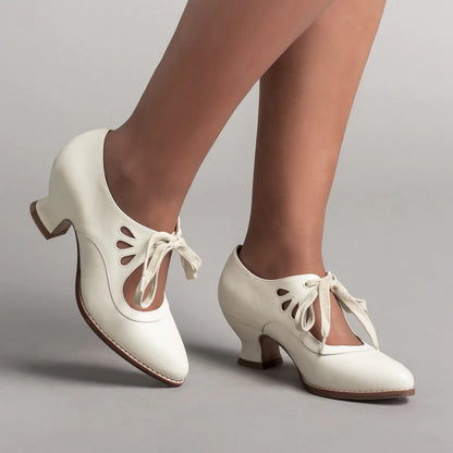 Women's Vintage Leather Heels | Low Block Heel Lace-Up