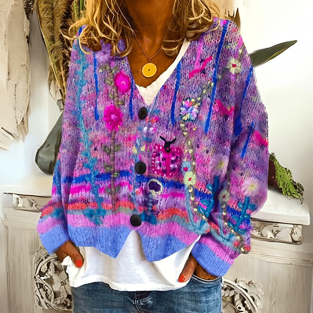 Women Oversized Knitted Cardigan | Cropped Floral Knit