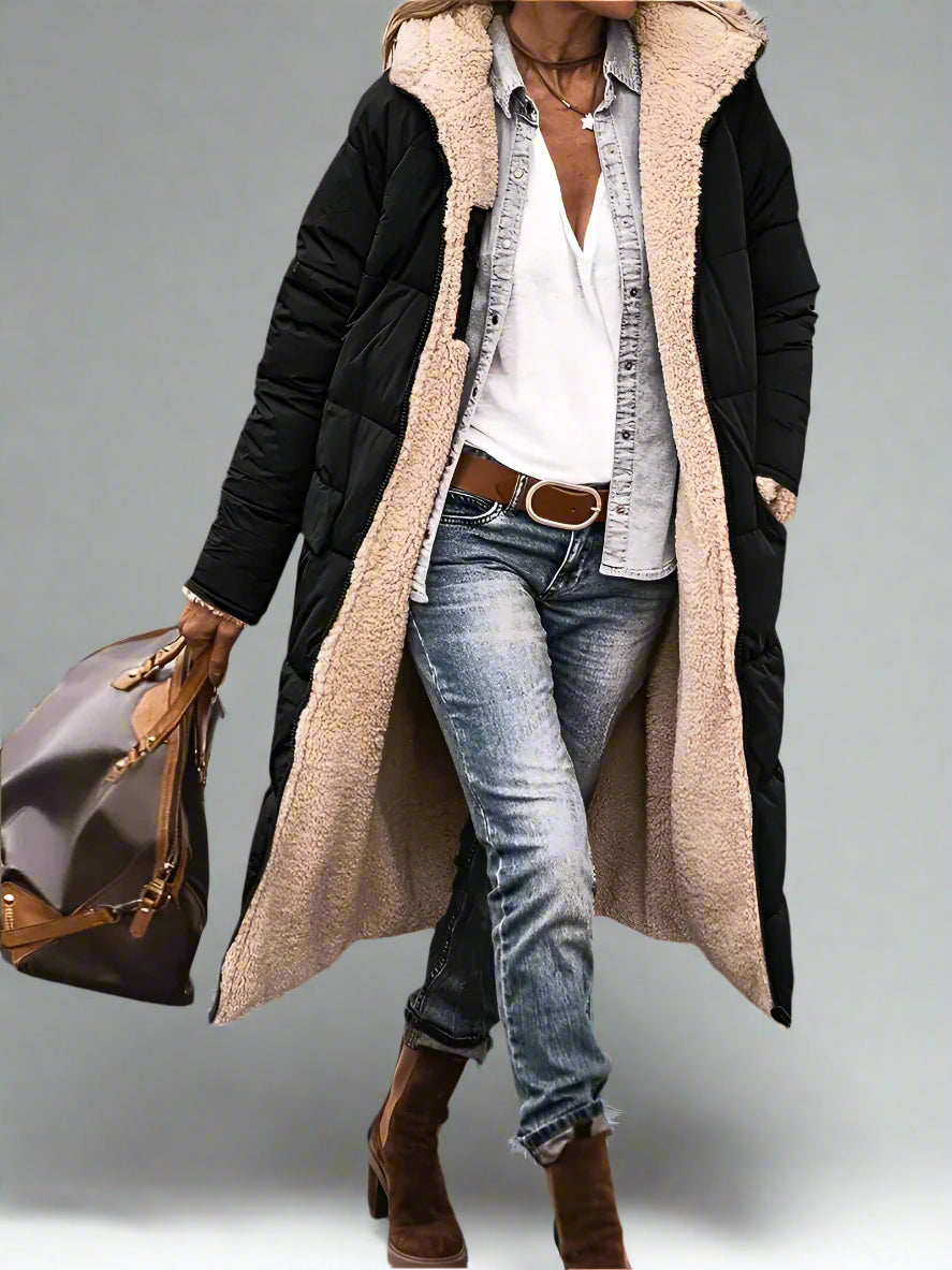 Women’s Long Hooded Puffer Coat | Shearling Lined Warm Winter