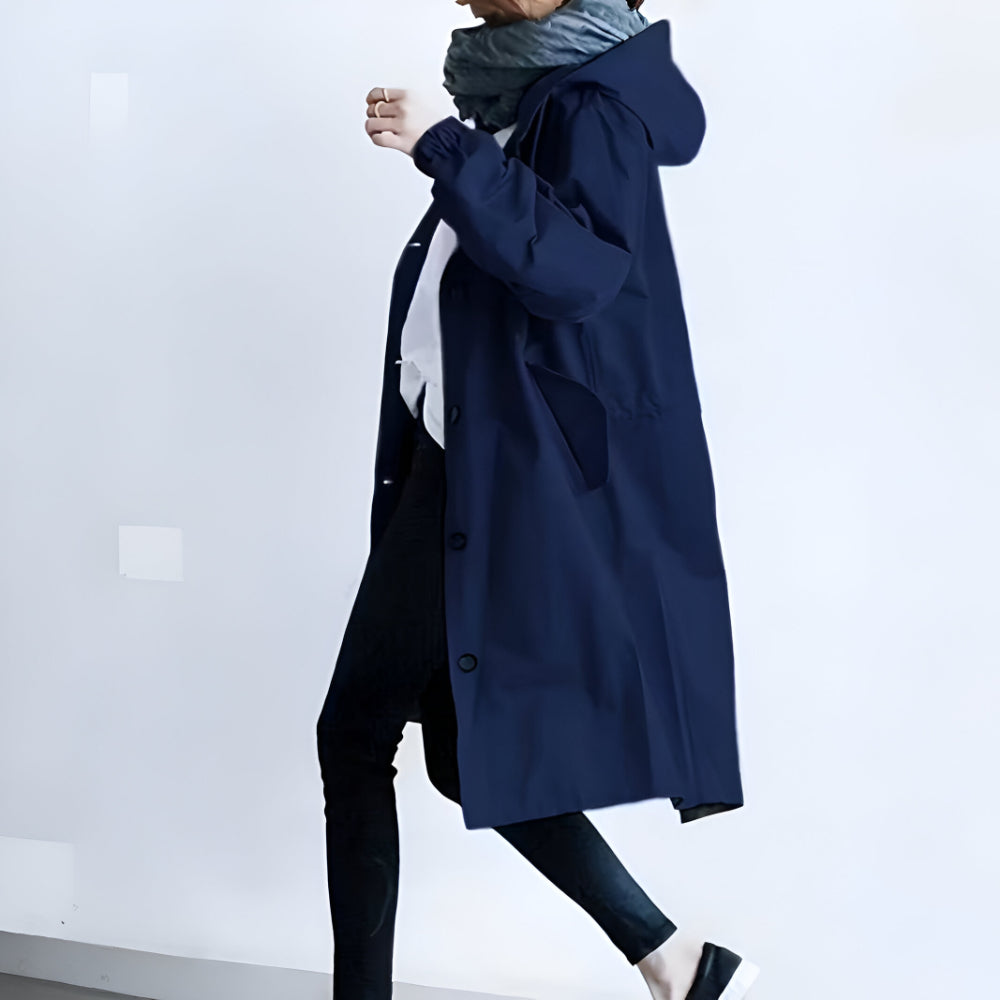 Women's Casual Long Trench Coat | Relaxed Button-Up Hooded