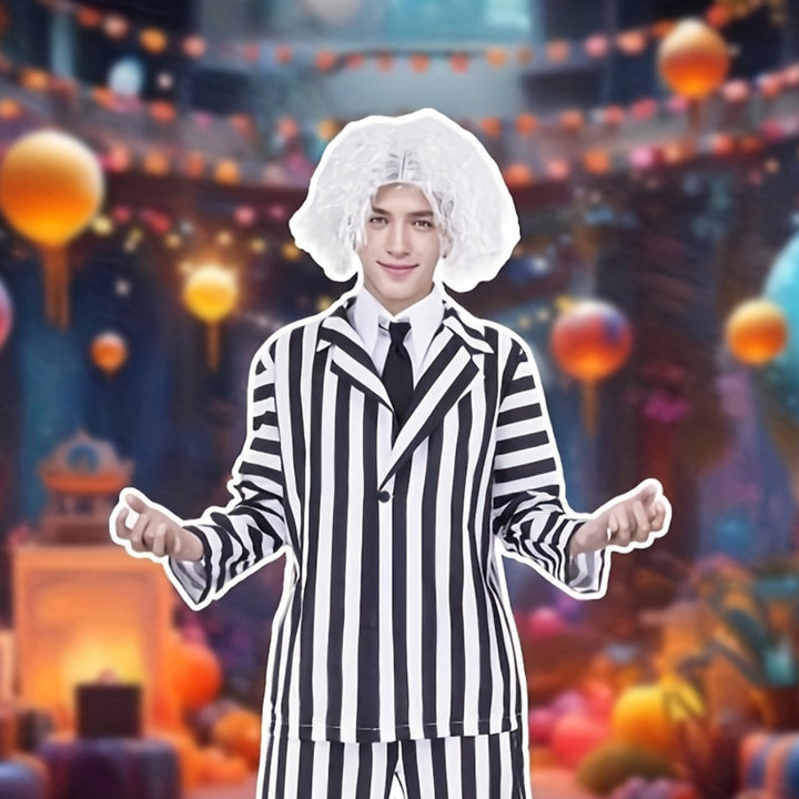 Halloween Costume Men Black White Stripe Suit