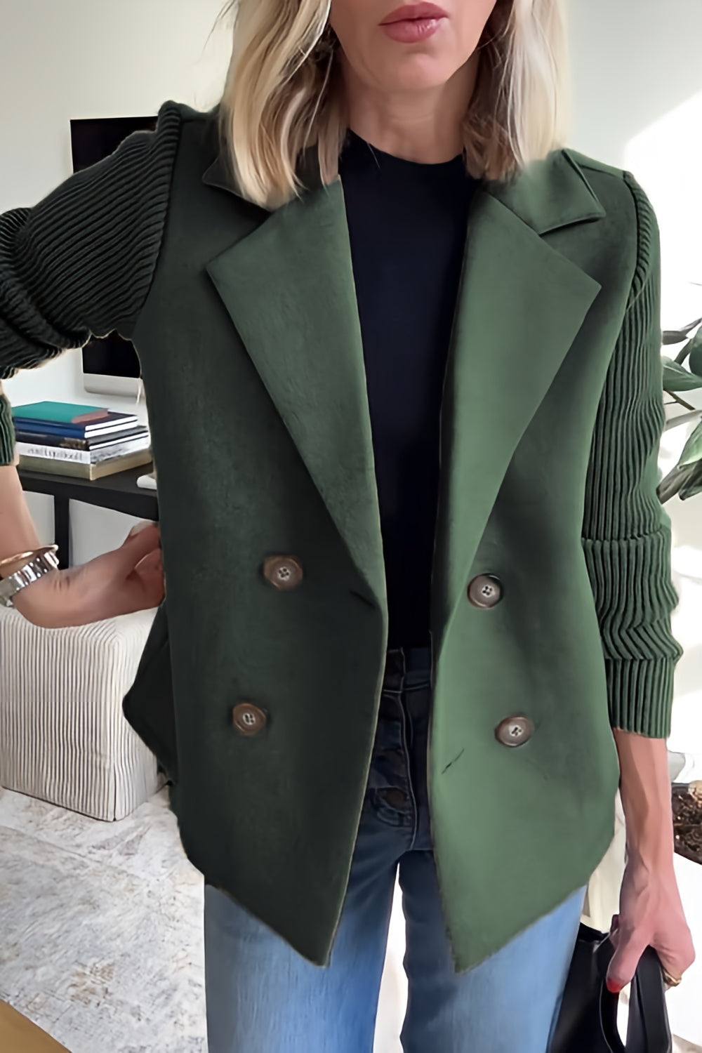 Women Lightweight Spring Coat | Long Knit Sleeve Blazer