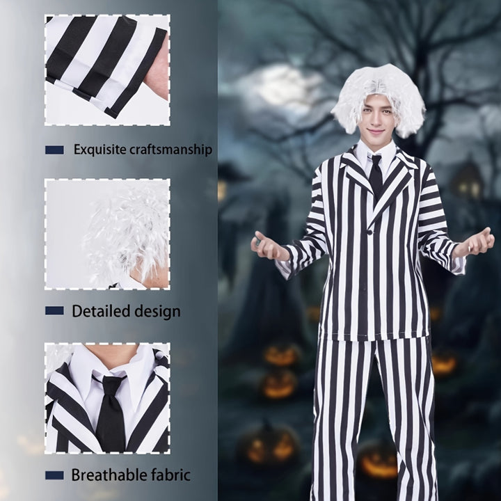 Halloween Costume Men Black White Stripe Suit