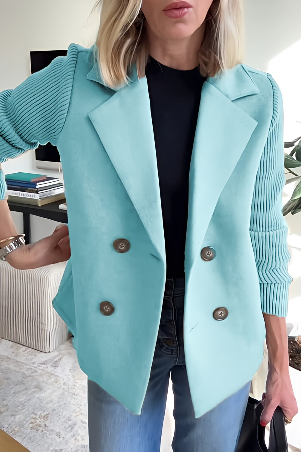 Women Lightweight Spring Coat | Long Knit Sleeve Blazer