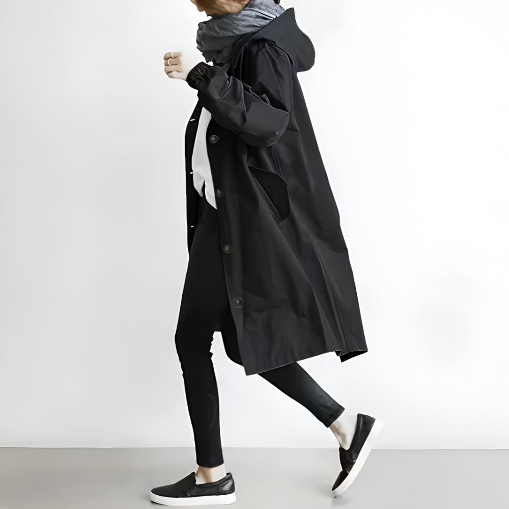 Women's Casual Long Trench Coat | Relaxed Button-Up Hooded