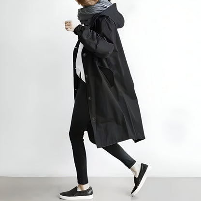 Women's Casual Long Trench Coat | Relaxed Button-Up Hooded
