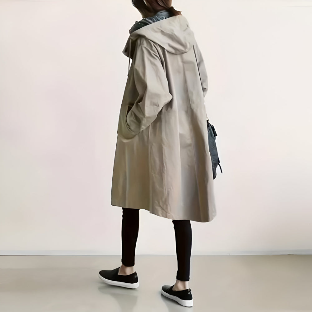 Women's Casual Long Trench Coat | Relaxed Button-Up Hooded