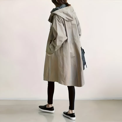 Women's Casual Long Trench Coat | Relaxed Button-Up Hooded