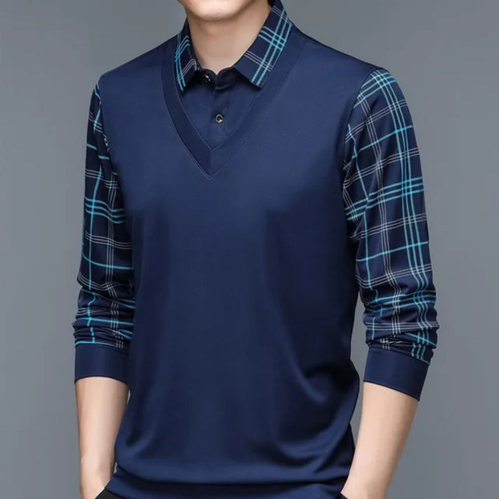 Men's Casual Long Sleeve Polo Shirt Classic Plaid