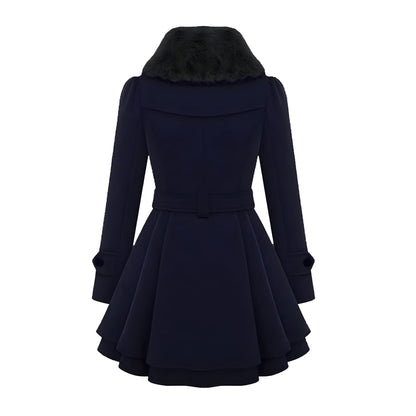 Women’s Wool Winter Coat | Double-Breasted Belted with Fur Collar