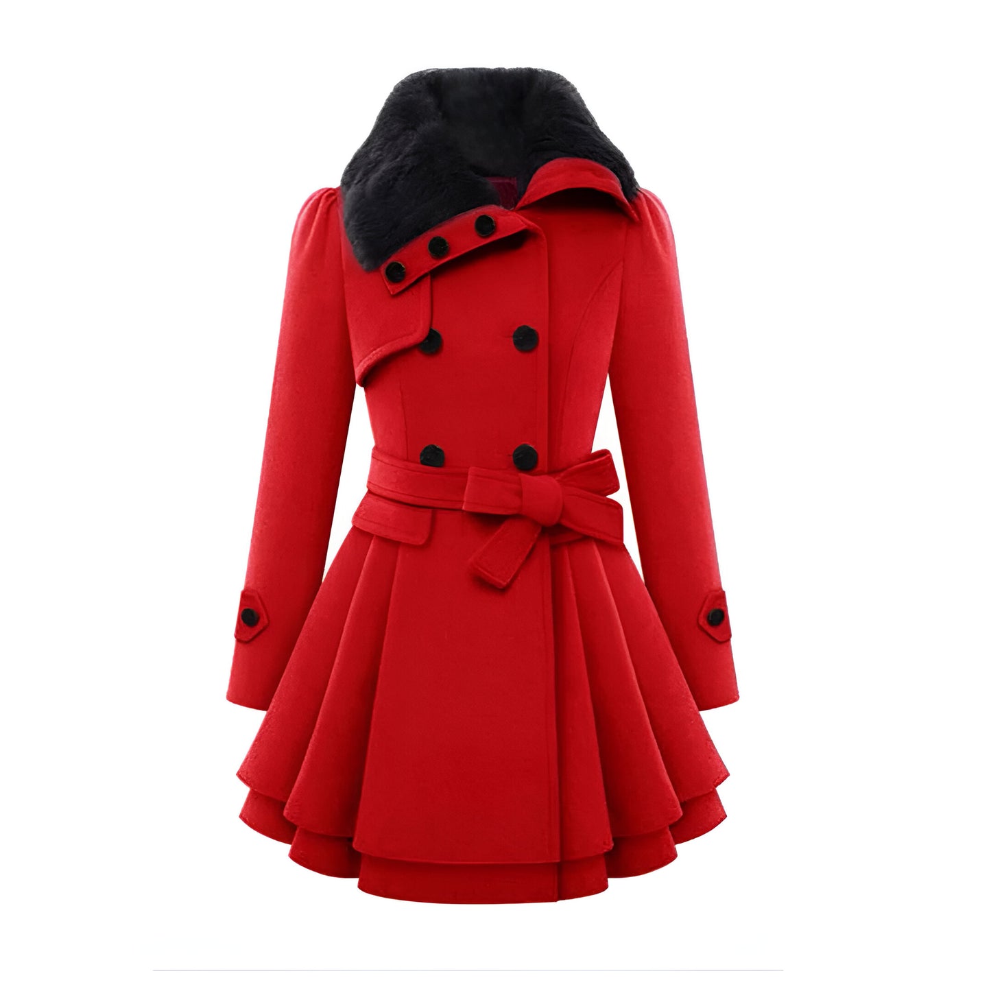 Women’s Wool Winter Coat | Double-Breasted Belted with Fur Collar