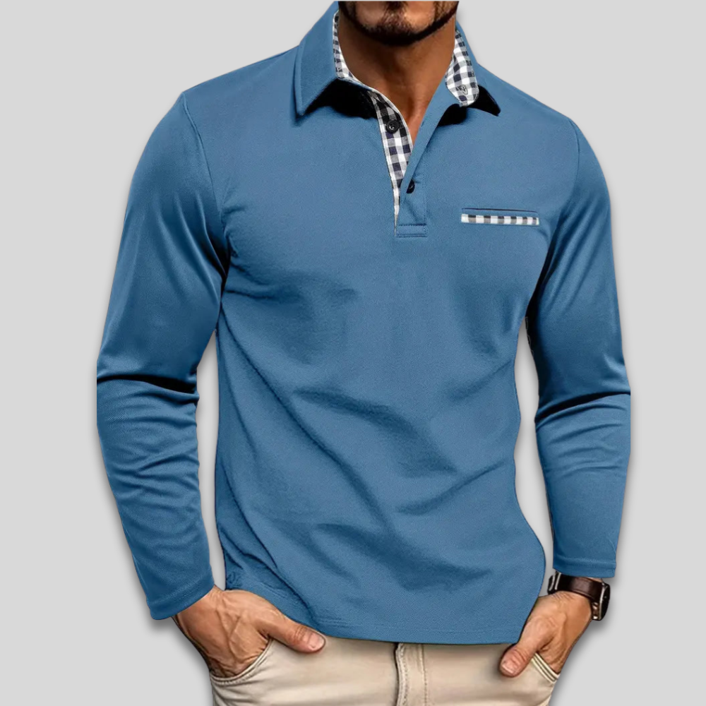 Men’s Casual Stylish Long Sleeve Polo Shirt Contrast Collar