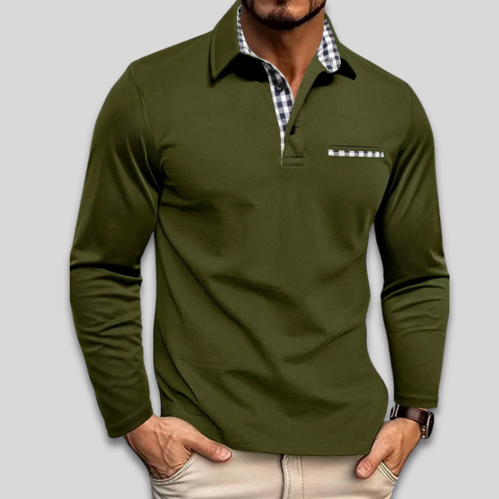 Men’s Casual Stylish Long Sleeve Polo Shirt Contrast Collar