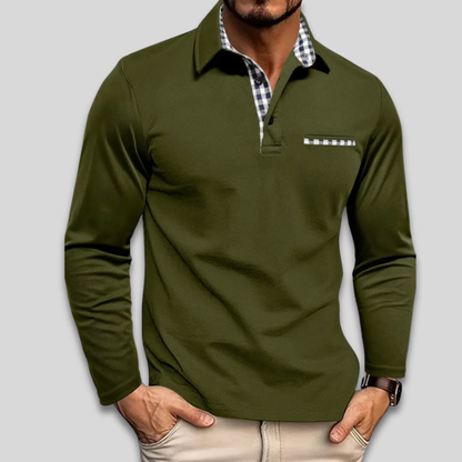 Men’s Casual Stylish Long Sleeve Polo Shirt Contrast Collar