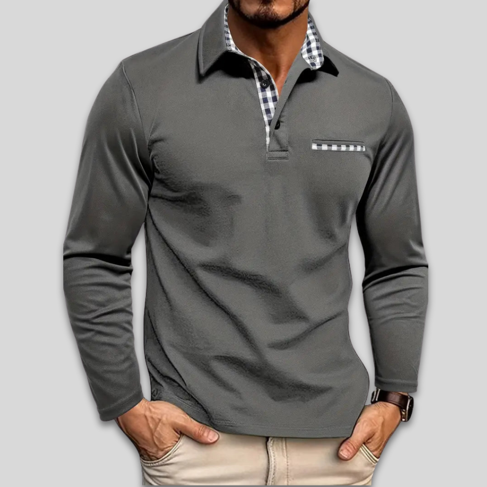 Men’s Casual Stylish Long Sleeve Polo Shirt Contrast Collar