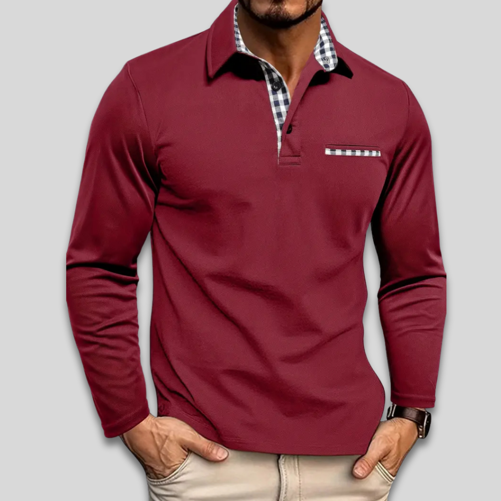 Men’s Casual Stylish Long Sleeve Polo Shirt Contrast Collar