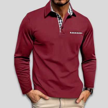 Men’s Casual Stylish Long Sleeve Polo Shirt Contrast Collar