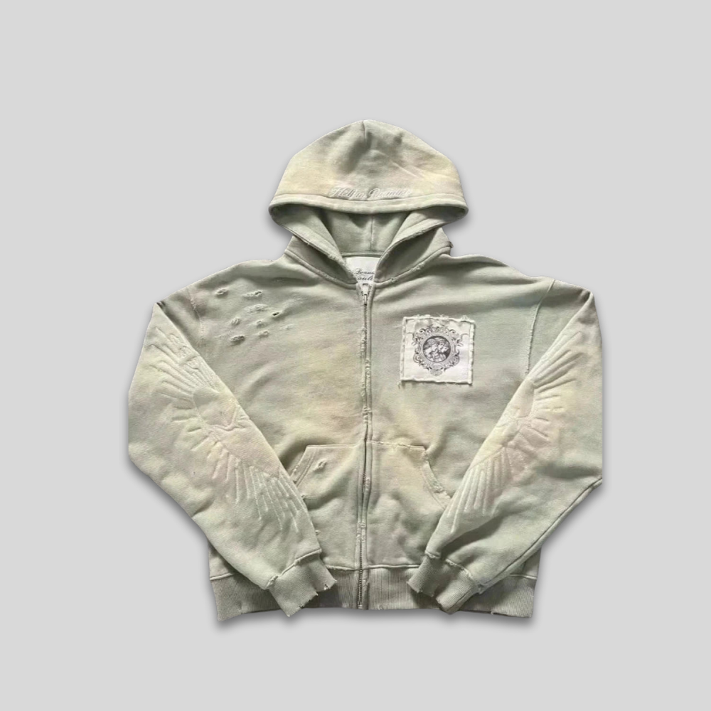 Men’s Distressed Graphic Hoodie Streetwear Patchwork