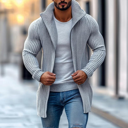 Men's Cardigan Knit Long Sleeve Stand Collar Mid-Length Striped Layering 0