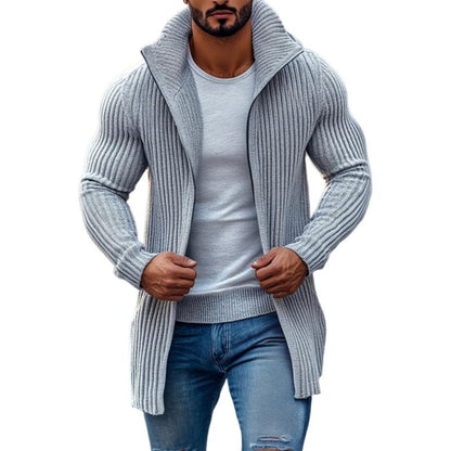 Men's Cardigan Knit Long Sleeve Stand Collar Mid-Length Striped Layering 1