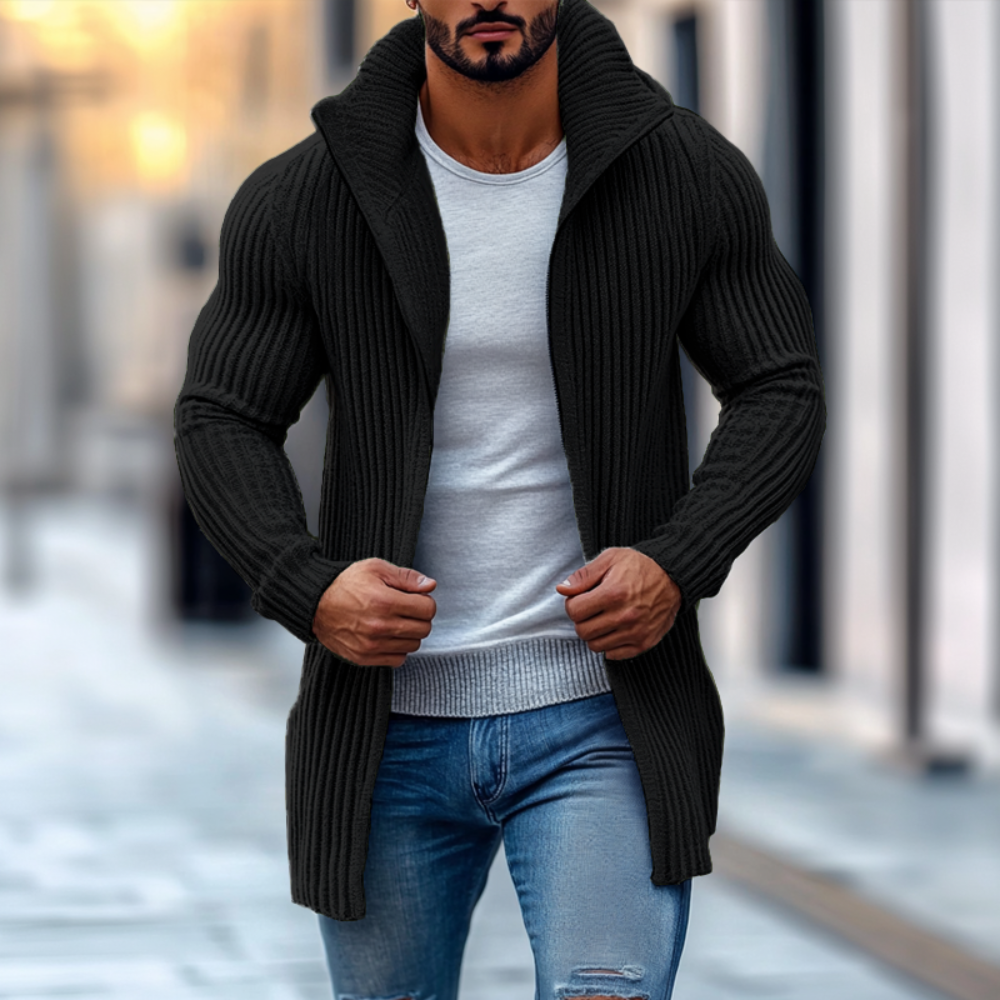 Men's Cardigan Knit Long Sleeve Stand Collar Mid-Length Striped Layering 2