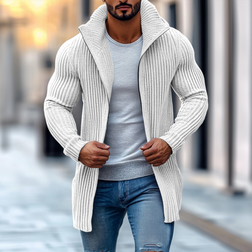 Men's Cardigan Knit Long Sleeve Stand Collar Mid-Length Striped Layering 3