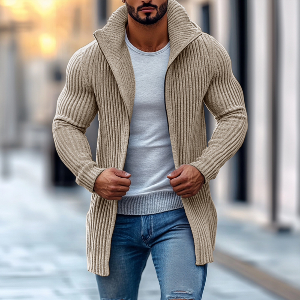 Men's Cardigan Knit Long Sleeve Stand Collar Mid-Length Striped Layering 4