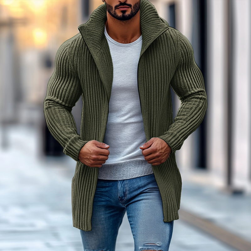 Men's Cardigan Knit Long Sleeve Stand Collar Mid-Length Striped Layering 5