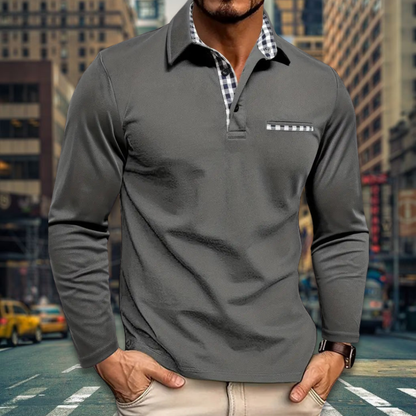 Men’s Casual Stylish Long Sleeve Polo Shirt Contrast Collar